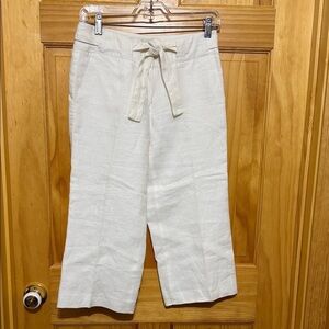 Talbots Irish Linen Light Cream/White Cropped Pants With Tie Waist.  Size 2P.